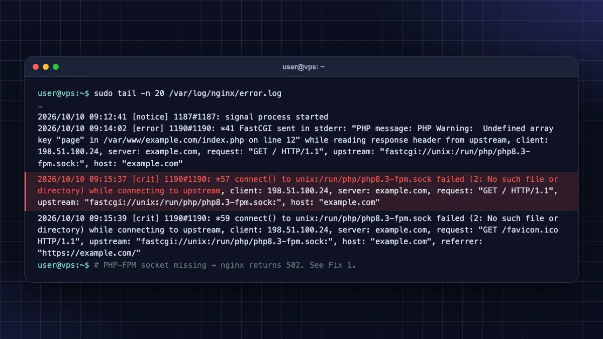 502 bad gateway nginx error log showing upstream connect failed message in terminal
