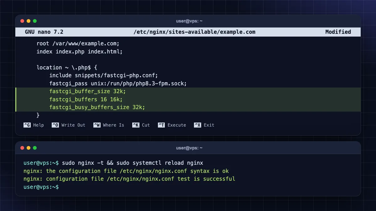 502 bad gateway nginx fix by editing fastcgi buffer size in nginx site configuration