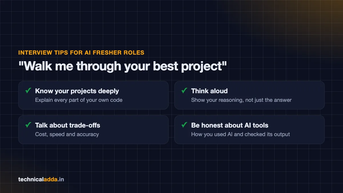 Interview tips for AI jobs for freshers in India - know your projects, think aloud, talk trade-offs, be honest about AI tools