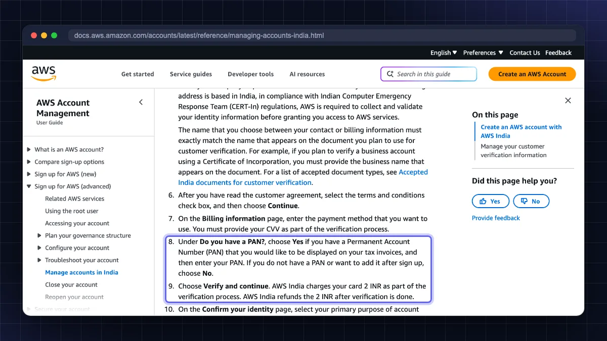 AWS India sign-up documentation showing the Billing information step, the Do you have a PAN? option and the 2 INR card verification charge