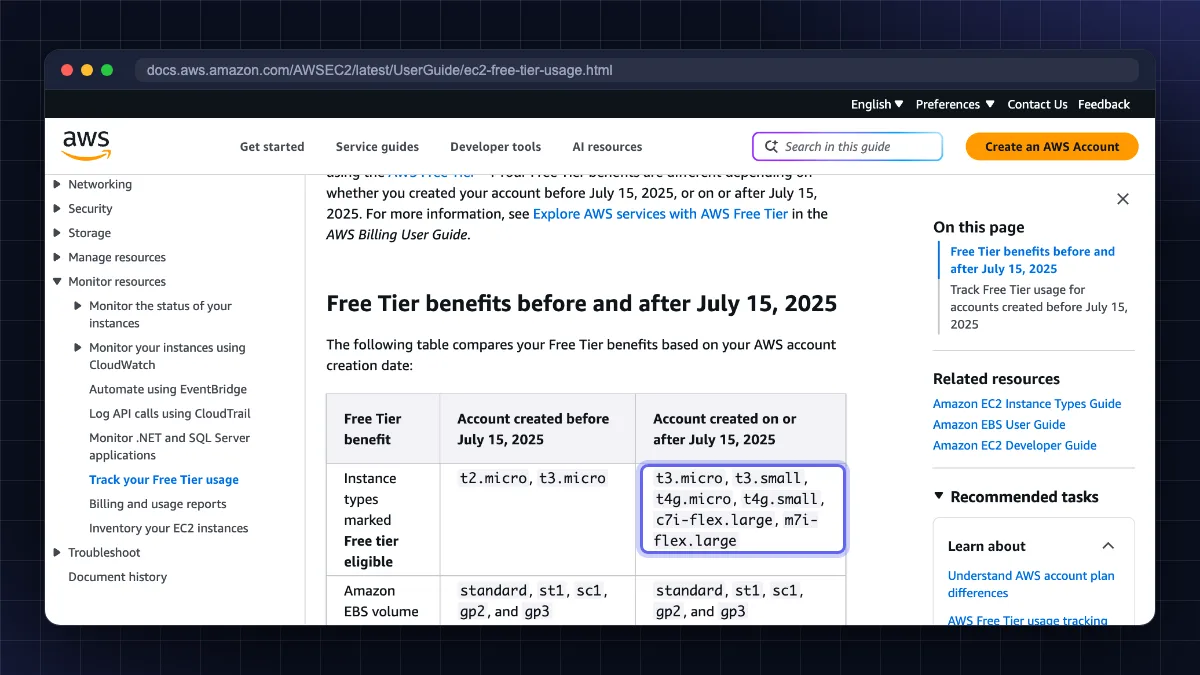 AWS EC2 free tier documentation listing free tier eligible instance types such as t3.micro for accounts created on or after 15 July 2025
