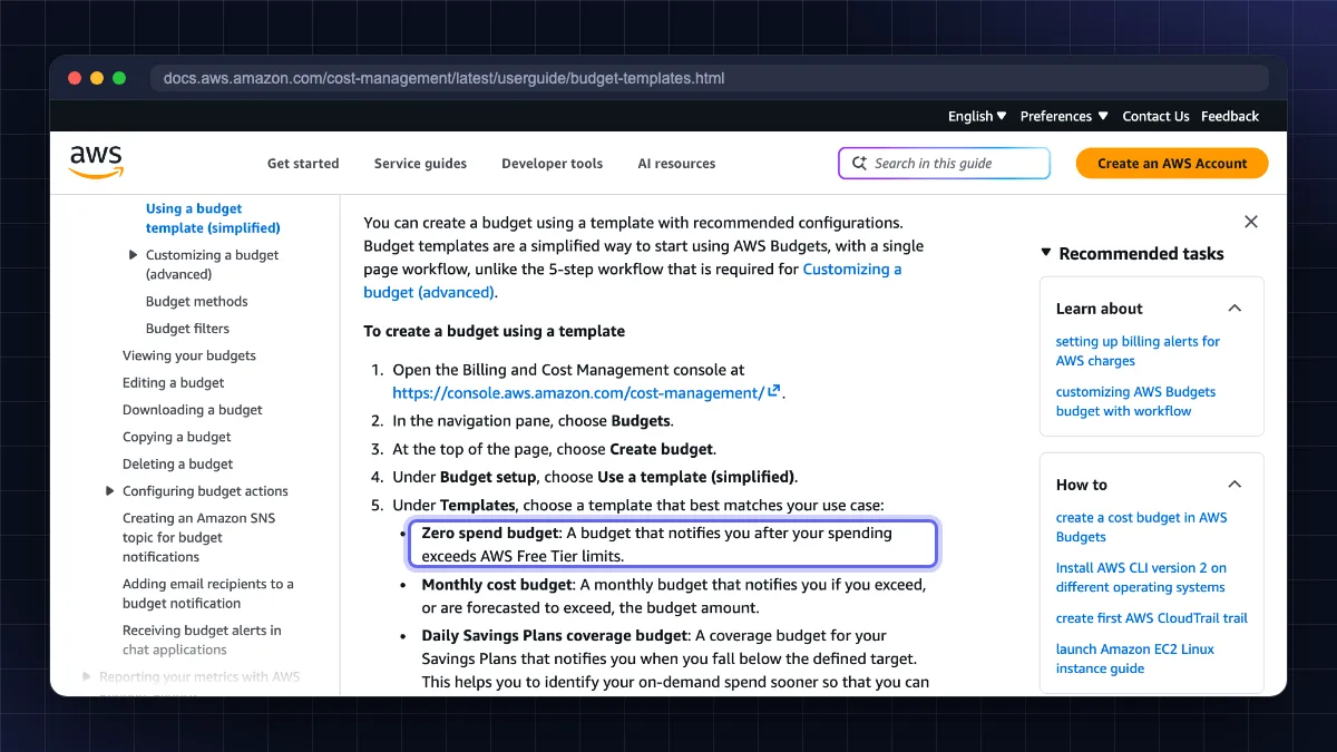 AWS Budgets documentation for Use a template (simplified) with the Zero spend budget template highlighted to avoid AWS free tier charges