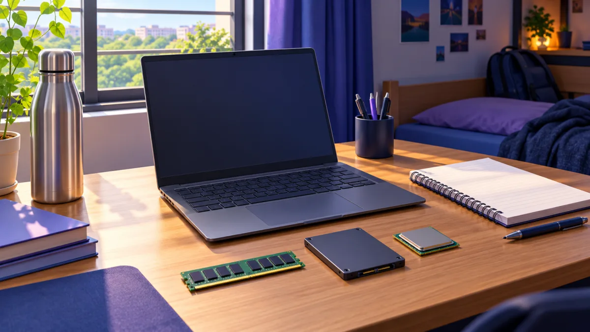 Laptop parts checklist for BTech CSE on a hostel desk: an open laptop with a RAM stick, SSD and processor chip labelled 16GB RAM, 512GB SSD and 6-core CPU