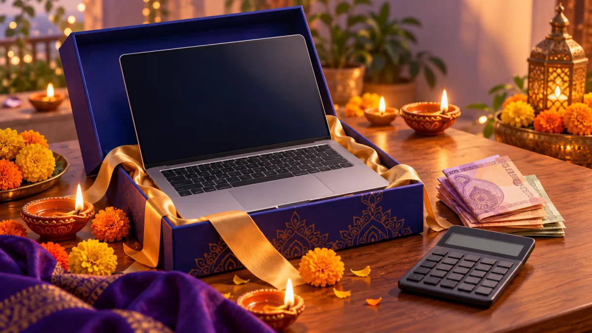 Laptop in an open Diwali gift box with lit diyas and marigolds, labelled Check model code and Compare prices
