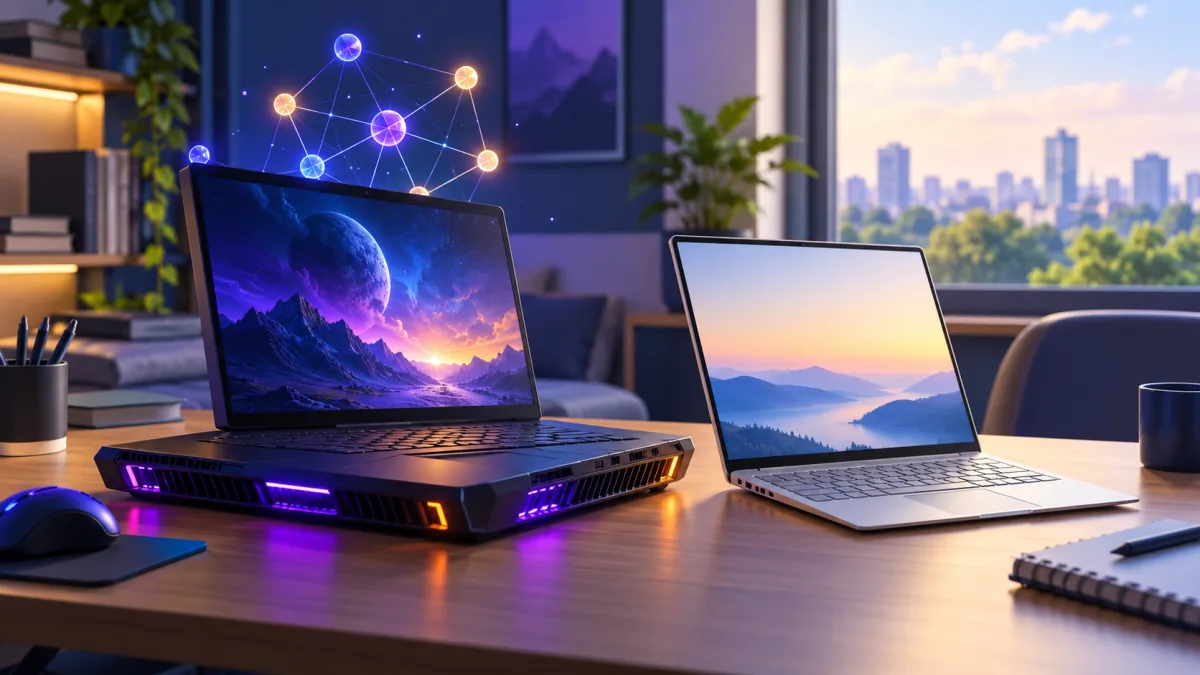 Thin student laptop next to a thicker gaming laptop with vents, labelled Thin and light and RTX GPU laptop, showing the GPU choice for CSE students