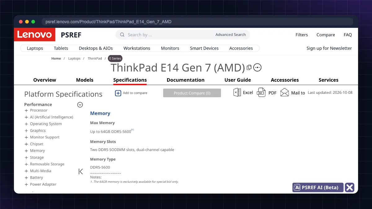 Lenovo PSREF spec sheet for ThinkPad E14 Gen 7 (AMD) showing two DDR5 SO-DIMM memory slots