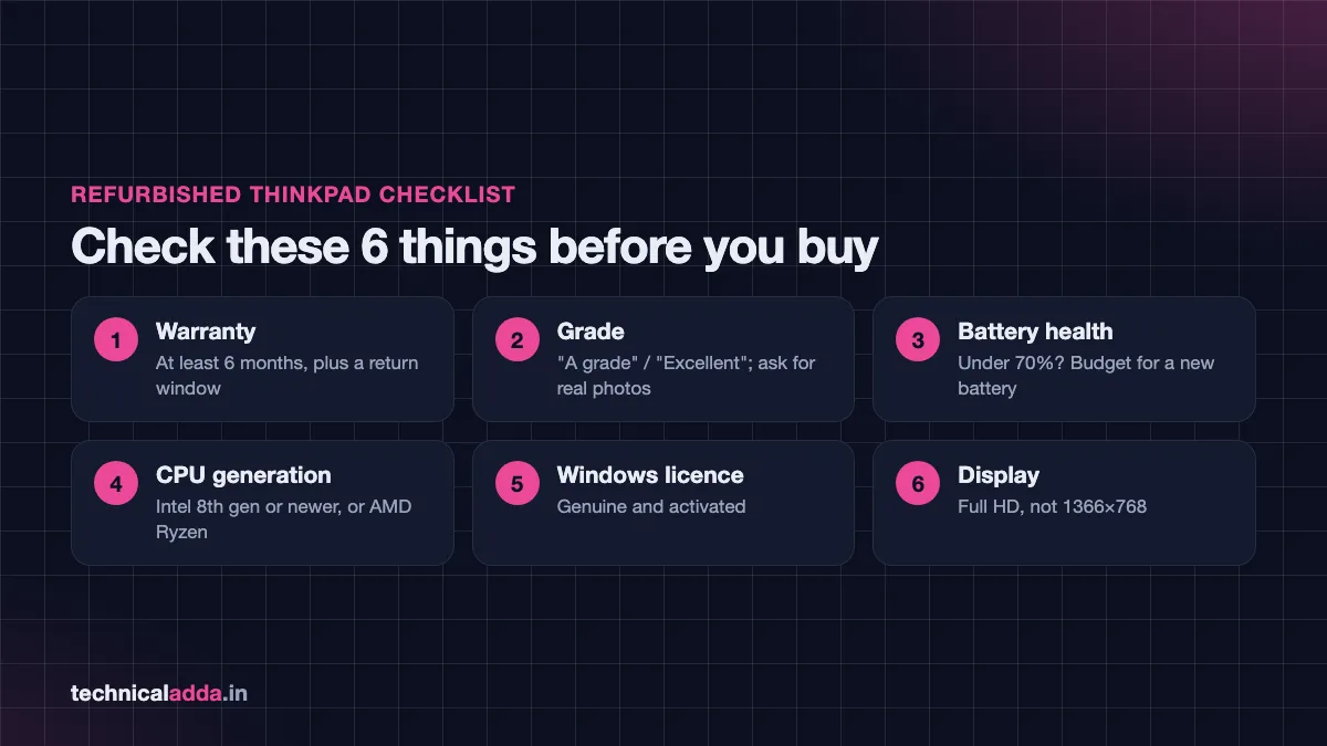Refurbished ThinkPad checklist: warranty, grade, battery health, CPU generation, Windows licence and display