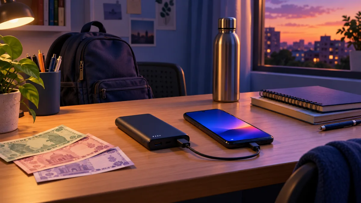 Best power bank under 1000 charging an Android phone on an Indian student desk with a backpack, labelled Power bank and Type-C cable