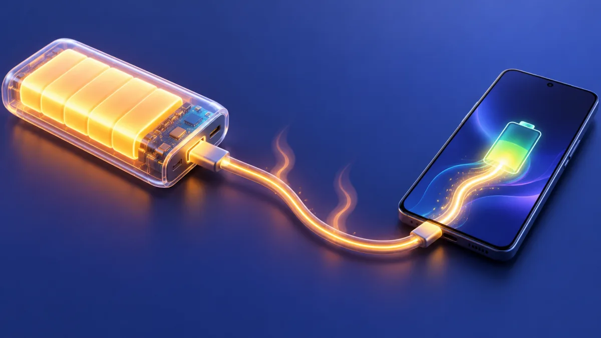 Power bank charging a phone on a table with labels for rated capacity, heat loss and real charge, showing why a 10000 mAh power bank gives less real capacity