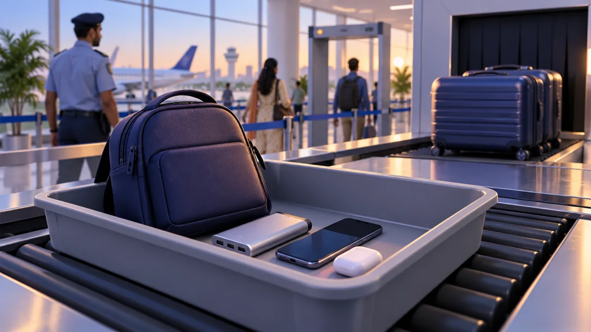 Power bank in an airport security tray with a phone and cabin backpack while the suitcase goes separately, labelled Cabin bag only and Not in checked bag