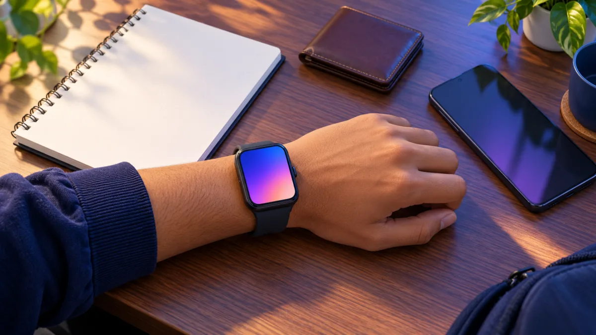 Best smartwatch under 2000 on a student's wrist beside an Android phone, notebook and wallet on a study desk, labelled AMOLED screen and Phone stays nearby