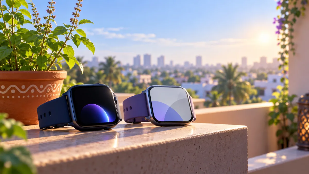 Two budget smartwatches on a sunny balcony ledge, one labelled AMOLED with deep blacks and one labelled LCD screen looking washed out