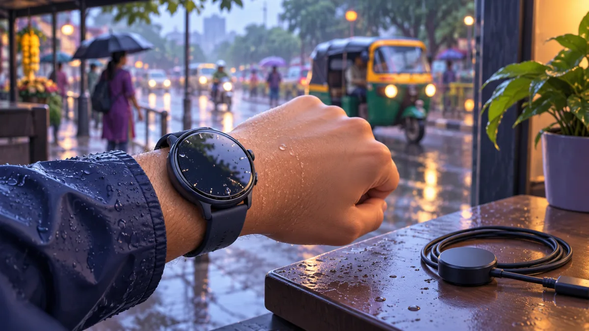 Round smartwatch with raindrops on a commuter's wrist during monsoon rain, labelled Rain safe and Not for swimming
