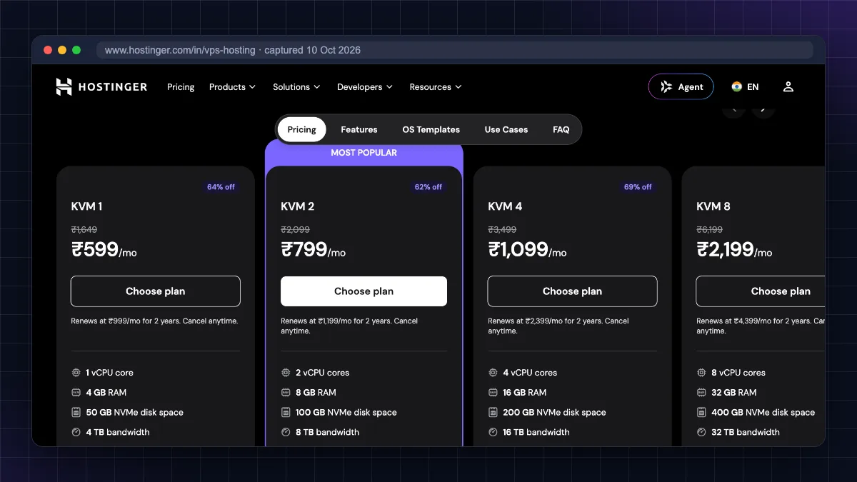 Best VPS hosting India pricing page: Hostinger KVM plans in rupees