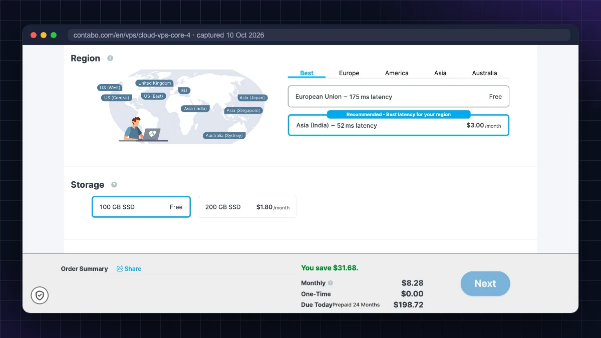 Contabo Cloud VPS 4 configurator on 10 October 2026 with Asia (India) region selected for $3.00/month extra