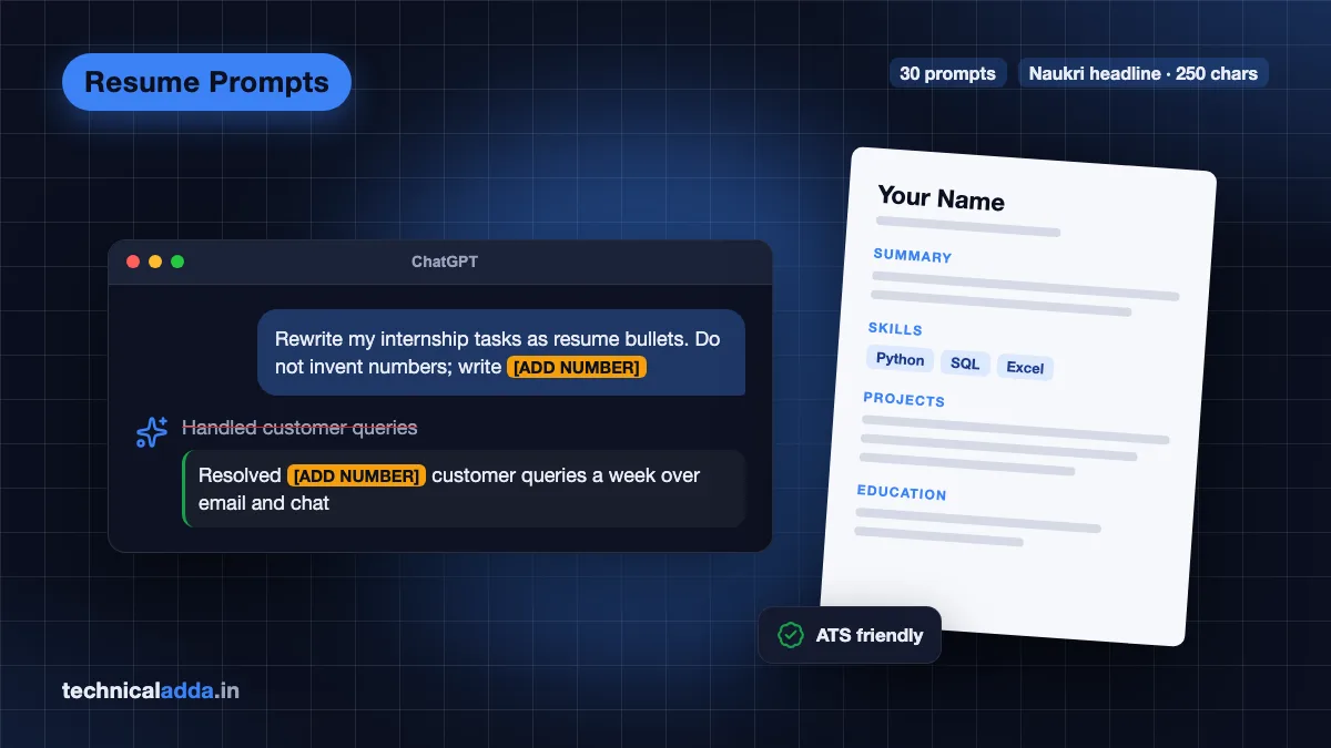 ChatGPT prompts for resume: chat window rewriting a weak bullet with an [ADD NUMBER] placeholder next to an ATS-friendly one-page resume