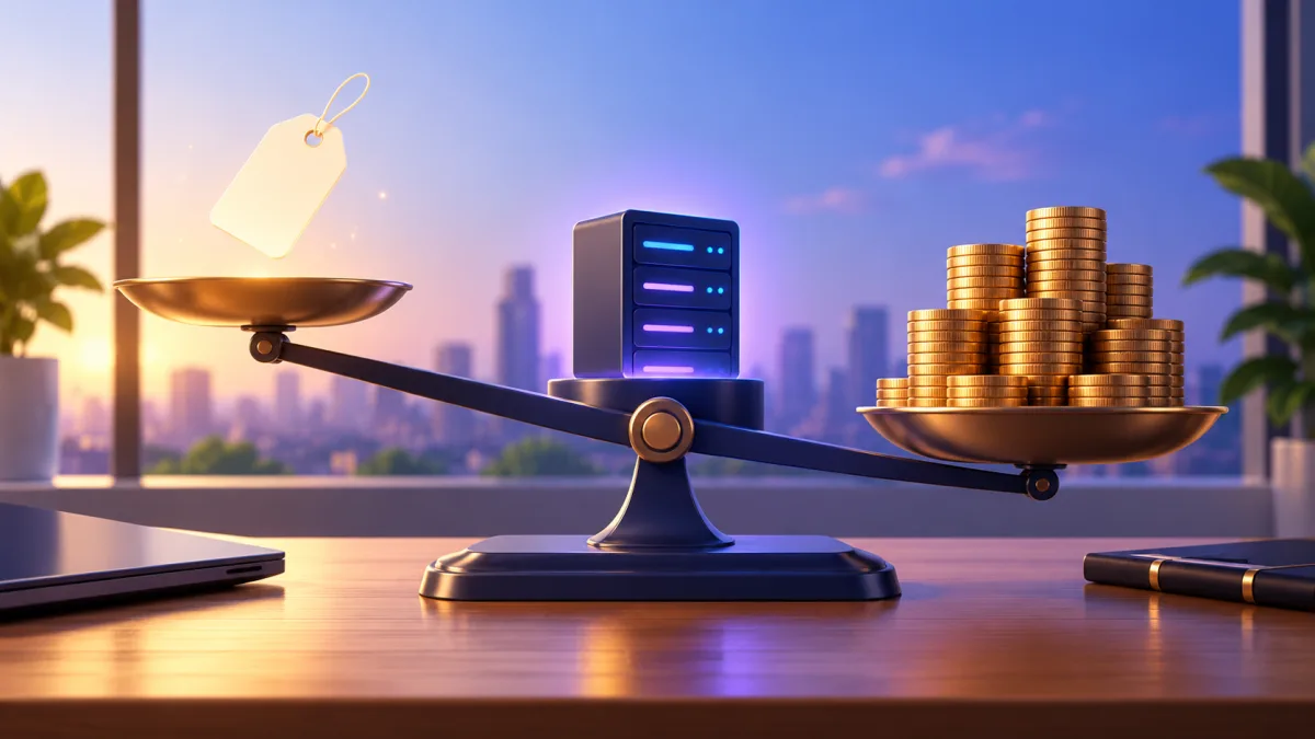 Brass balance scale on a desk with a light price tag labelled First year lifted high and a heavy stack of rupee coins labelled Renewal pulling the other side down