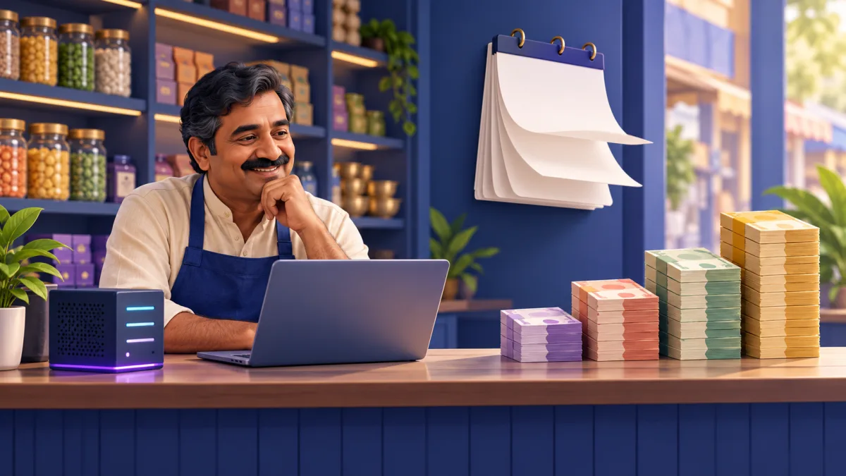 Indian shop owner at a counter with a laptop, a wall calendar and rupee note stacks, with labels reading Hosting, GST, Domain and Email
