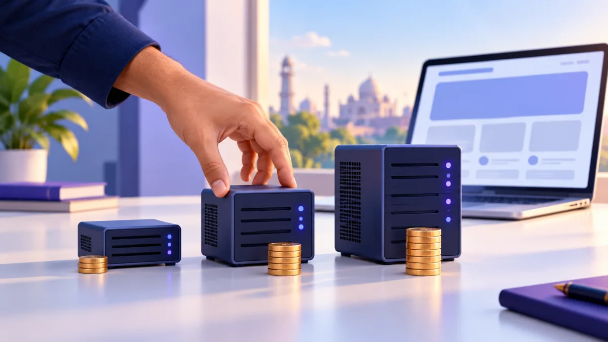 Hand choosing between three black server boxes of different sizes on a table, labelled One site, Few sites and Many sites, with rupee coins beside each