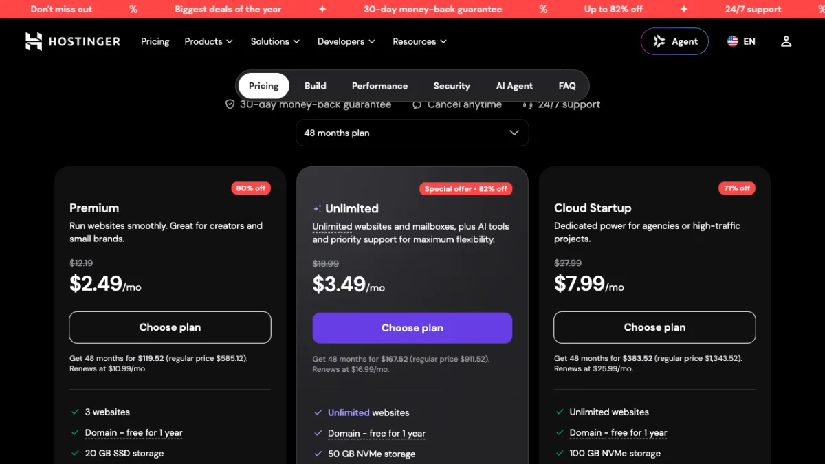 Hostinger pricing page in US dollars, checked October 2026, showing Premium at $2.49, Unlimited at $3.49 and Cloud Startup at $7.99 a month on 48-month terms