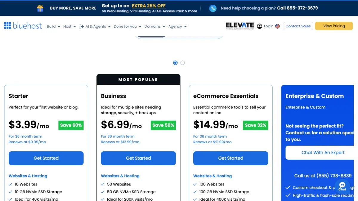 Bluehost pricing page in US dollars, checked October 2026, showing Starter at $3.99, Business at $6.99 and eCommerce Essentials at $14.99 a month on 36-month terms
