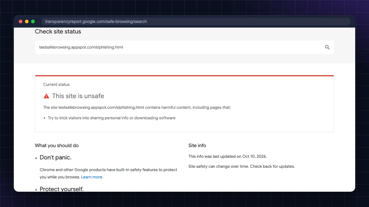 Google Safe Browsing site status showing "This site is unsafe" for Google's phishing test page