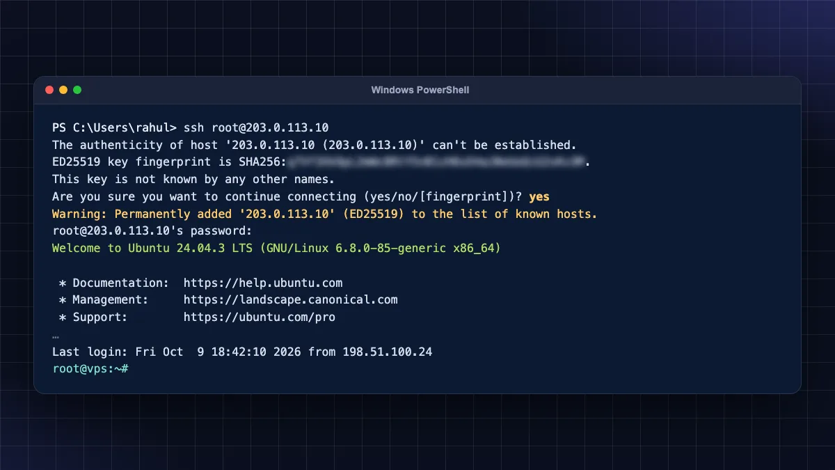 How to connect to VPS using SSH in Windows PowerShell showing fingerprint prompt and login