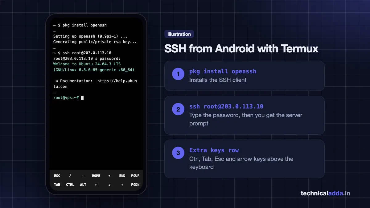 Illustration of connecting to a VPS on Android with Termux: pkg install openssh, ssh command and extra keys row