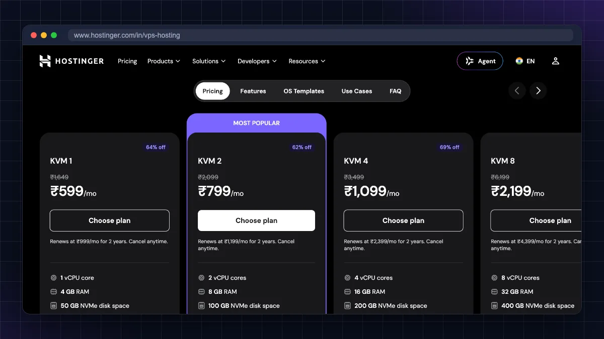 Hostinger India VPS pricing page showing KVM 1 at ₹599 and KVM 2 at ₹779 per month with renewal prices