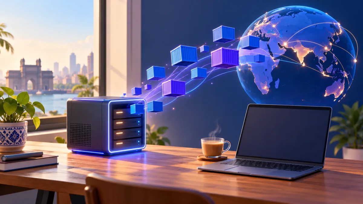 Photo of a compact server box on an Indian developer's desk next to a laptop and a cup of chai, with labels Your VPS, Git push and Live apps