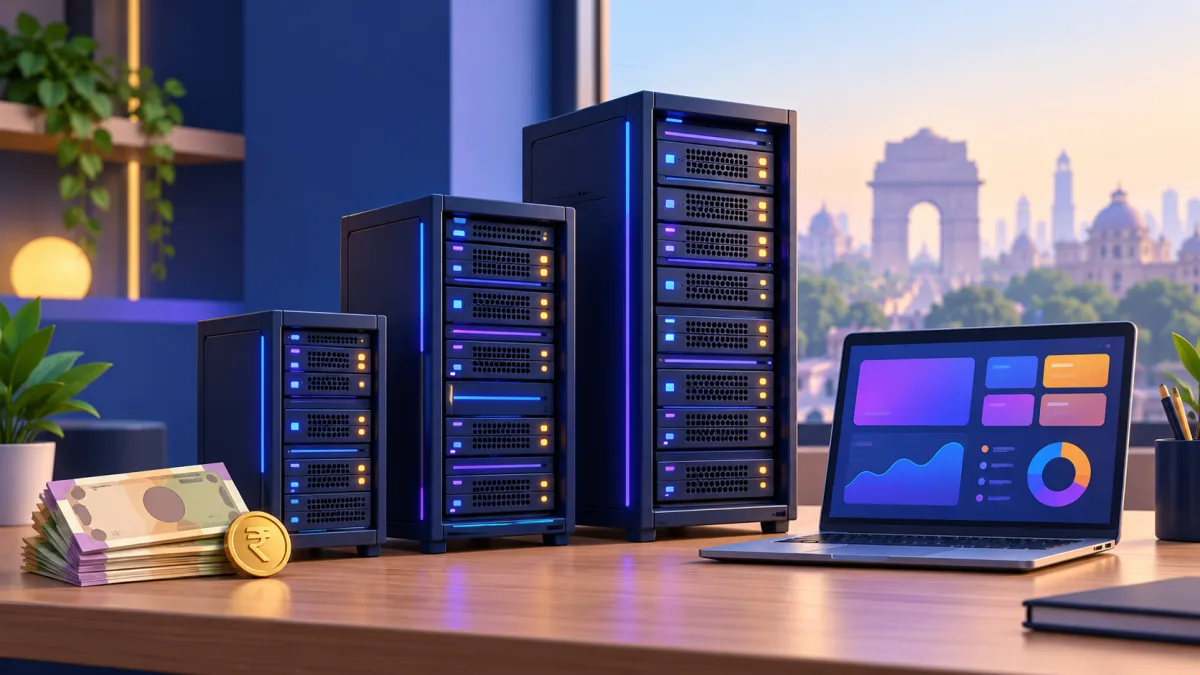Photo of three server units of increasing size on a desk, labelled Testing only, Start here and Heavy builds