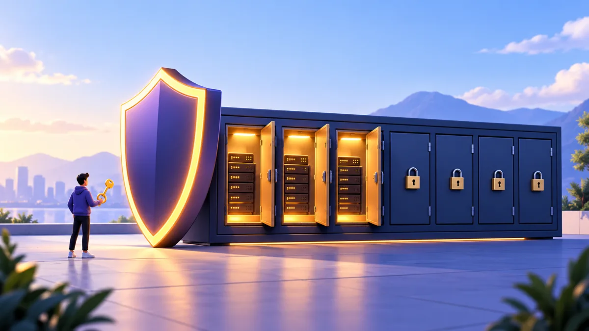 Photo of a server cabinet with a padlock and network ports, labelled SSH open, Web open and Setup ports closed