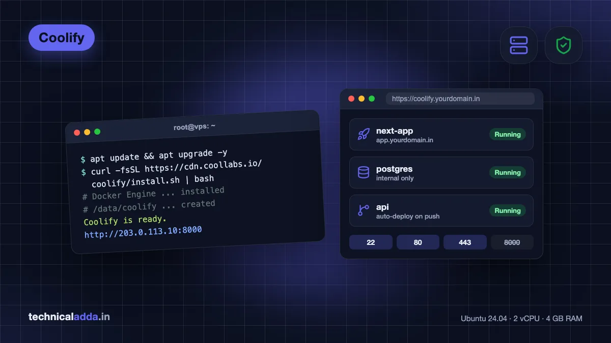 Coolify install on a VPS shown as a terminal running the install script beside a dashboard with deployed apps