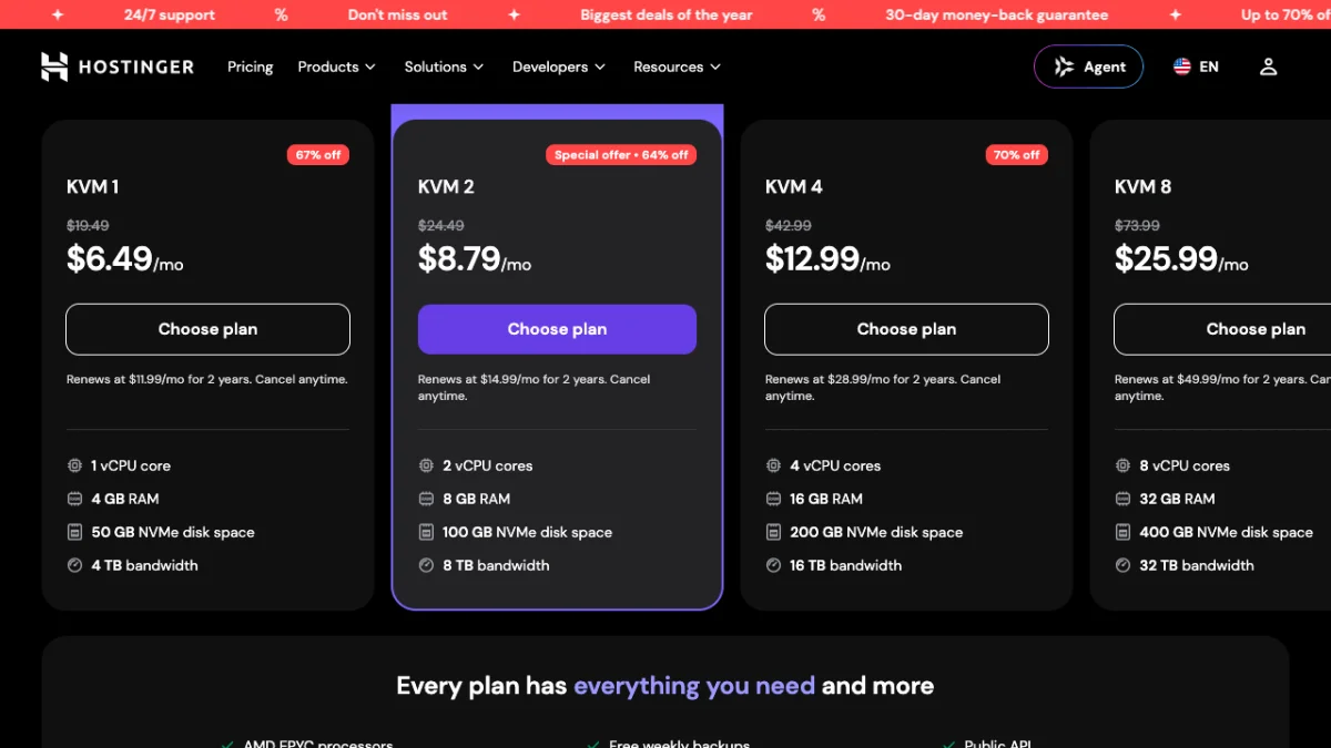 Hostinger VPS pricing page in US dollars, checked October 2026, showing KVM 1 at $6.49, KVM 2 at $8.79, KVM 4 at $12.99 and KVM 8 at $25.99 a month