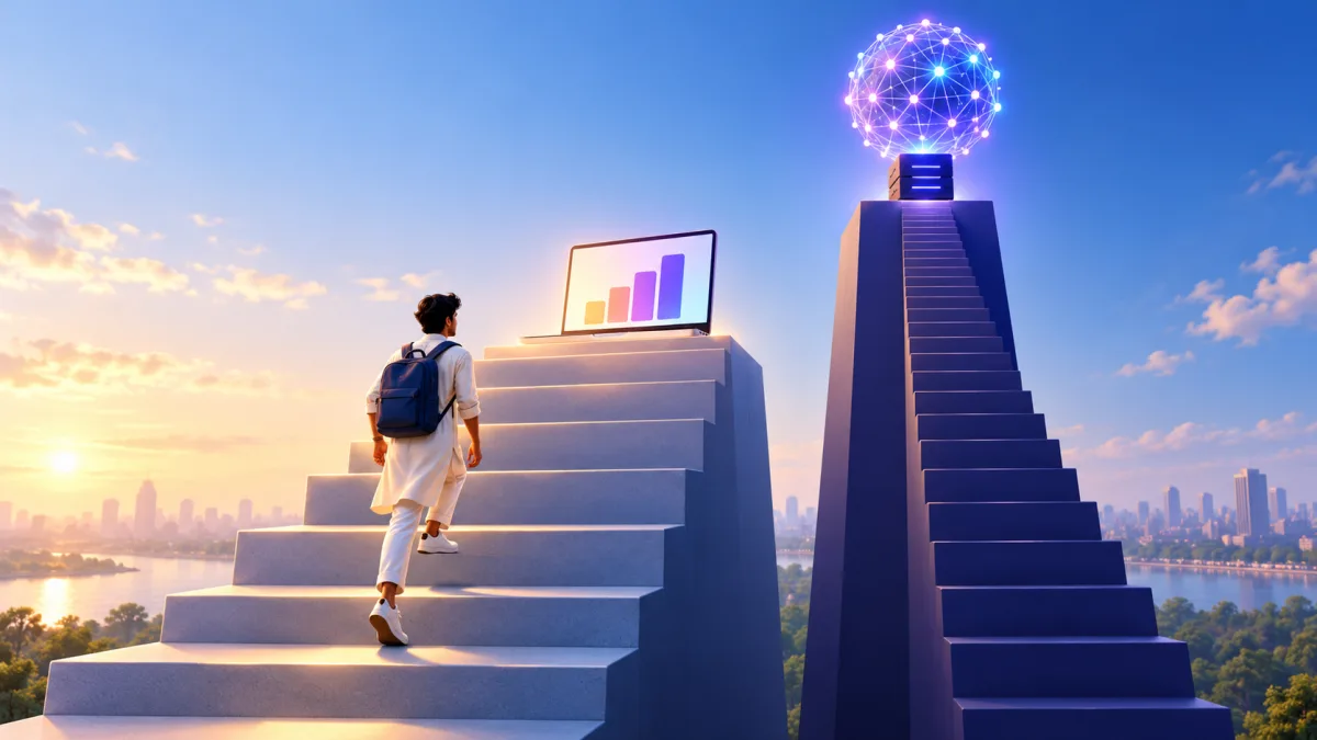 AI vs data science career paths shown as an Indian graduate in an office between a laptop dashboard labelled Analyst first and a server rack labelled ML engineer later