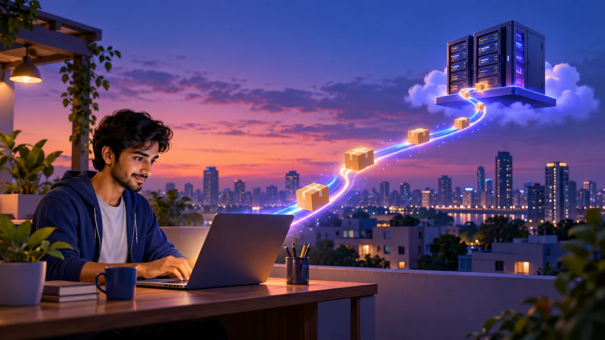 Photo of a young Indian developer at a terrace desk at dusk with a laptop and a small server box, labelled Your code, Git push and Ubuntu VPS