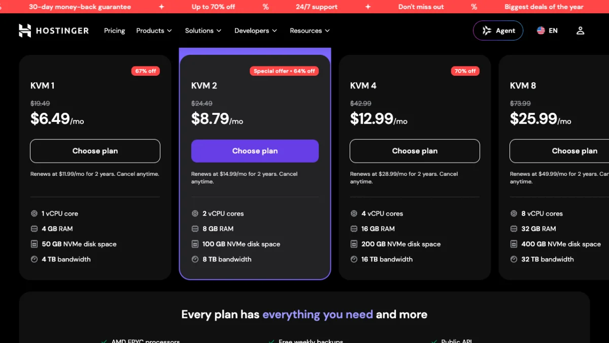 Hostinger VPS pricing page in US dollars, checked October 2026, showing KVM 1 at $6.49 a month renewing at $11.99, up to KVM 8 at $25.99