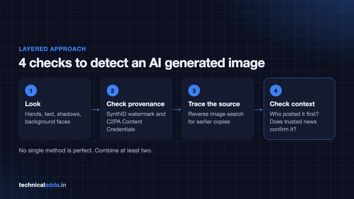 How to detect AI generated images layered approach: look, check watermark, reverse search, verify context