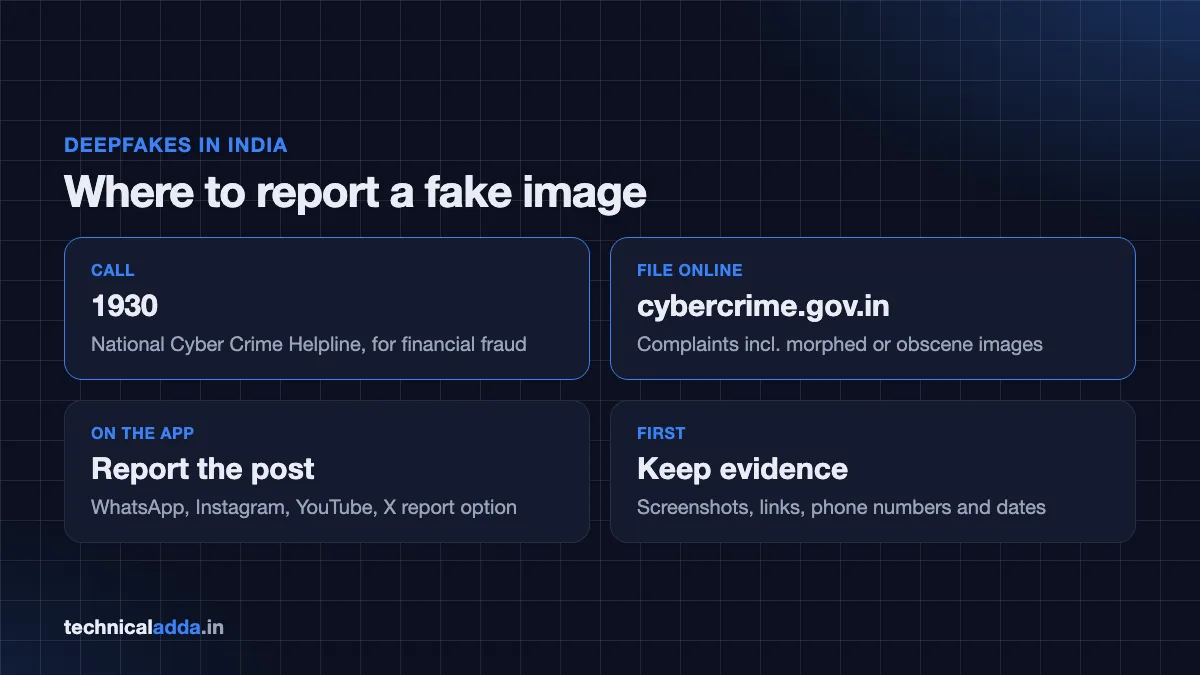 Where to report deepfake images in India after you detect AI generated images: 1930 helpline, cybercrime.gov.in, platform report, keep evidence