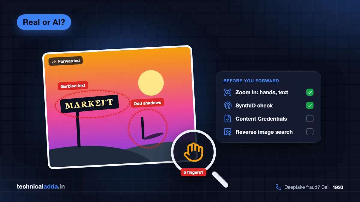 How to detect AI generated images: forwarded photo with garbled text and odd shadows circled, a magnifier on the hand and a verification checklist