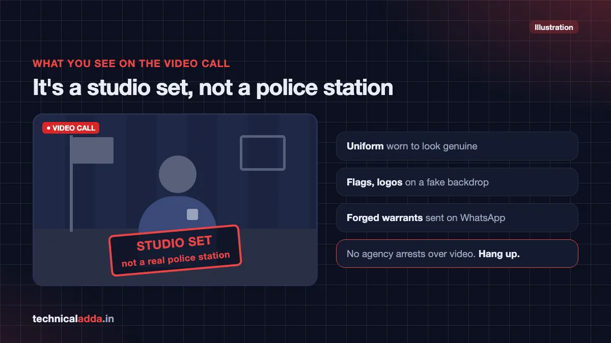 Digital arrest scam - fake police station studio set used by fraudsters on video calls