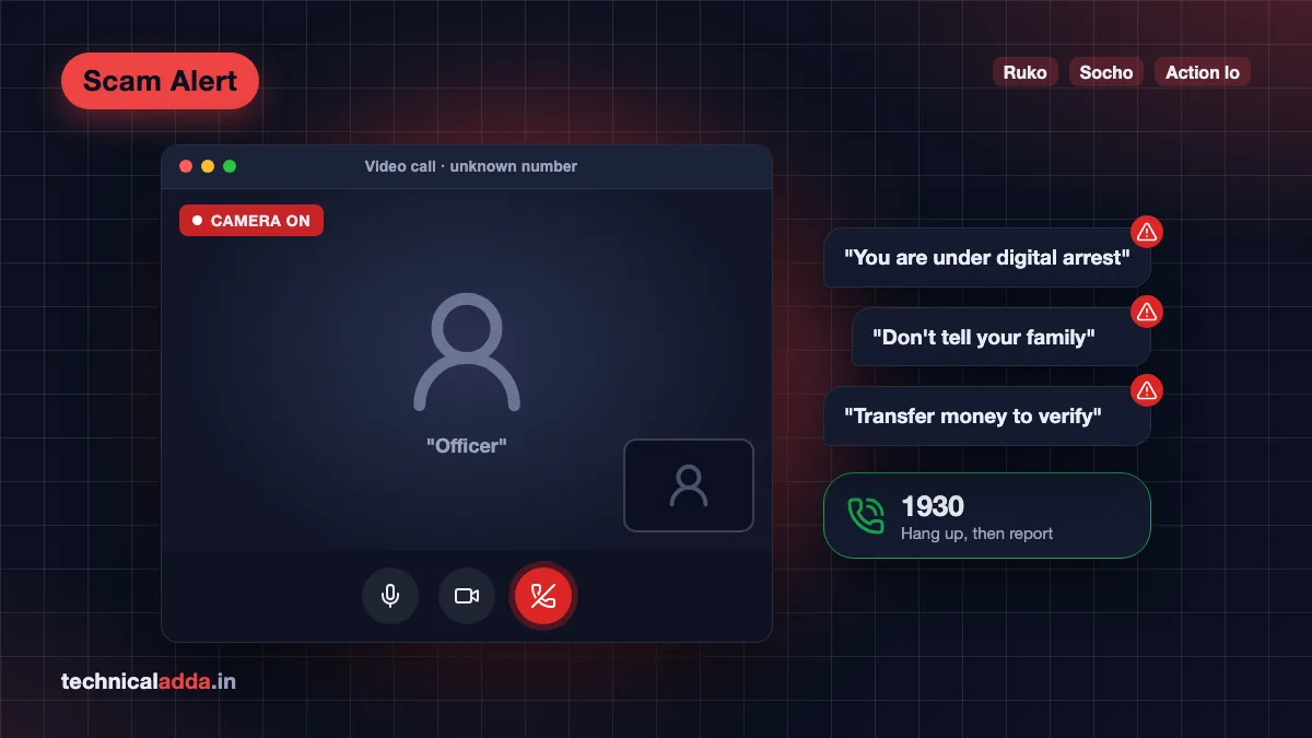 Digital arrest scam: video call from a fake officer with threat messages, hang-up button and 1930 helpline