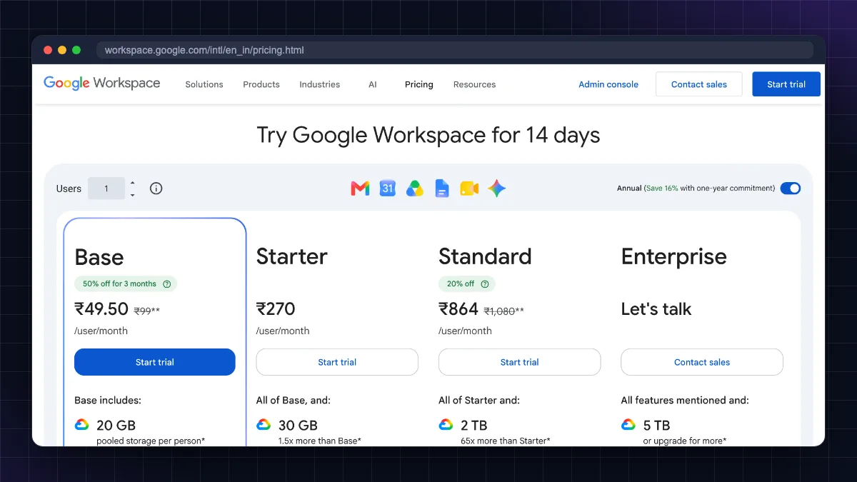 Google Workspace price India official pricing page showing Base, Starter, Standard and Enterprise plans
