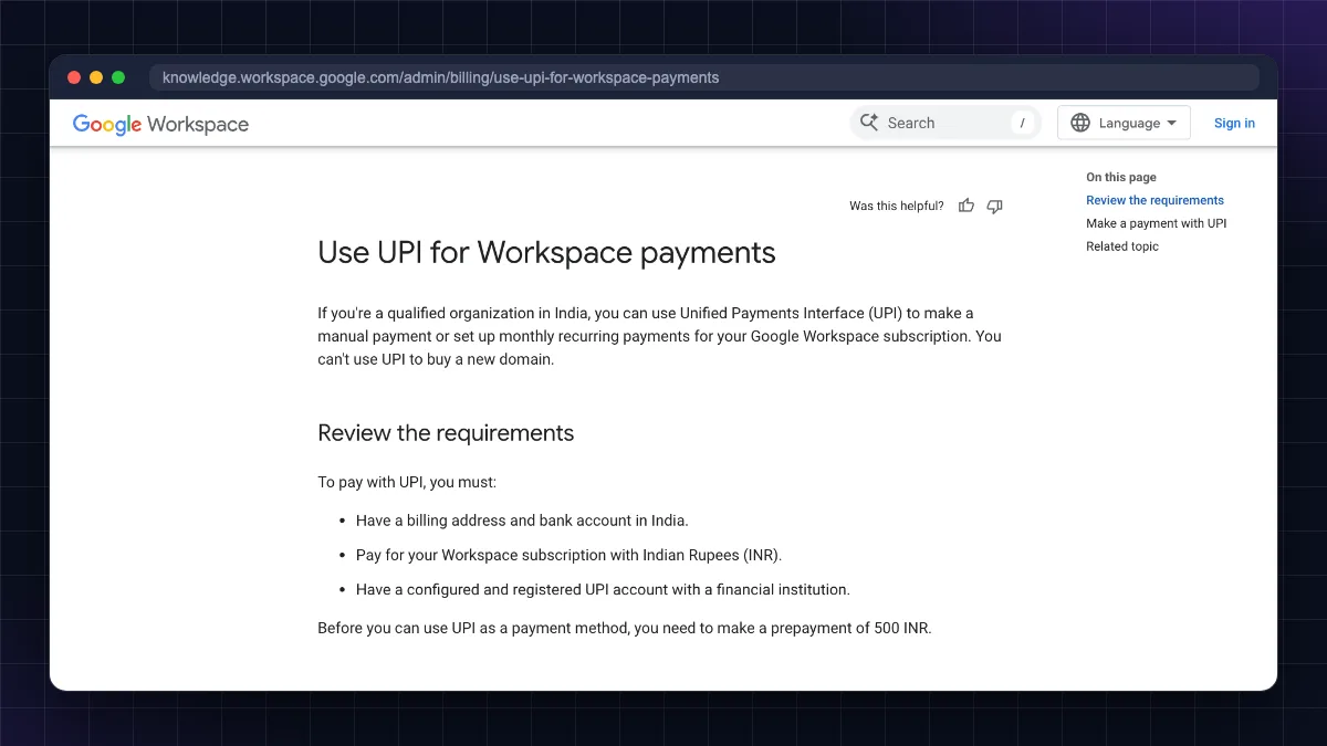 Google Workspace Help page listing UPI payment requirements in India: Indian bank account, INR billing and ₹500 prepayment