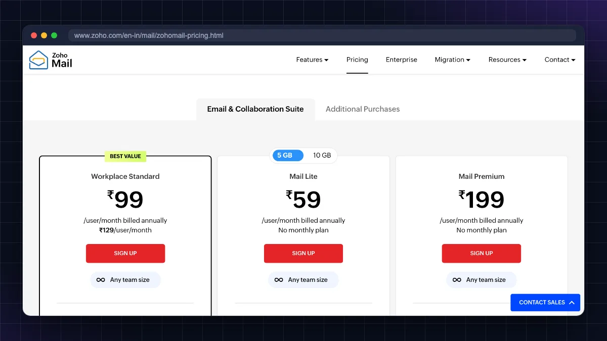 Zoho Mail India pricing page showing Workplace Standard ₹99, Mail Lite ₹59 and Mail Premium ₹199 per user per month billed annually