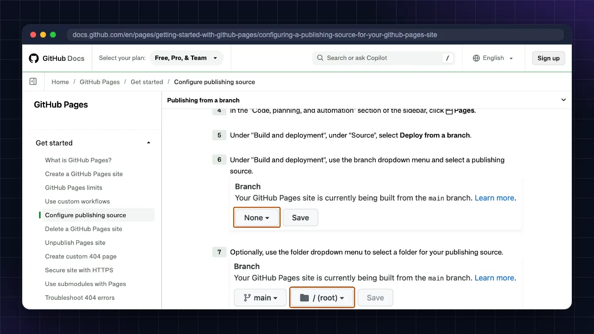GitHub Docs steps to host website for free on GitHub Pages: Deploy from a branch, select main and / (root), then Save