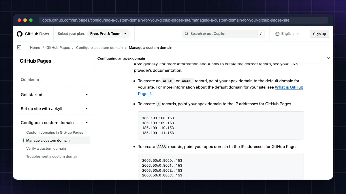 GitHub Docs listing the four GitHub Pages A record IPs 185.199.108.153 to 185.199.111.153 for a custom domain