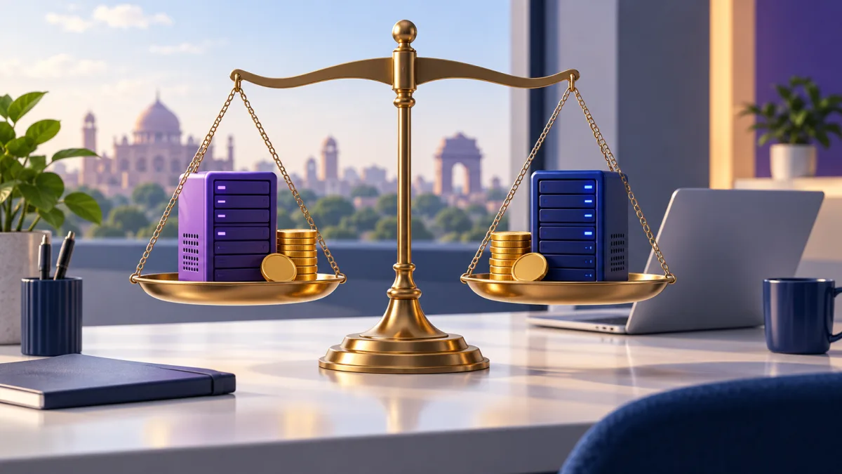 Hostinger vs Bluehost: a brass balance scale on an office desk weighing two small server boxes labelled Lower upfront cost and More websites