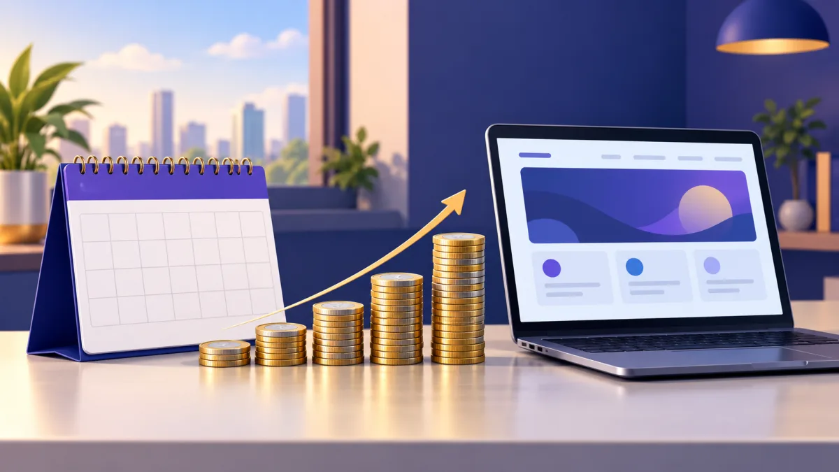 Hostinger vs Bluehost renewal cost: coin stacks growing taller beside a wall calendar and a laptop, labelled Promo term and Renewal years