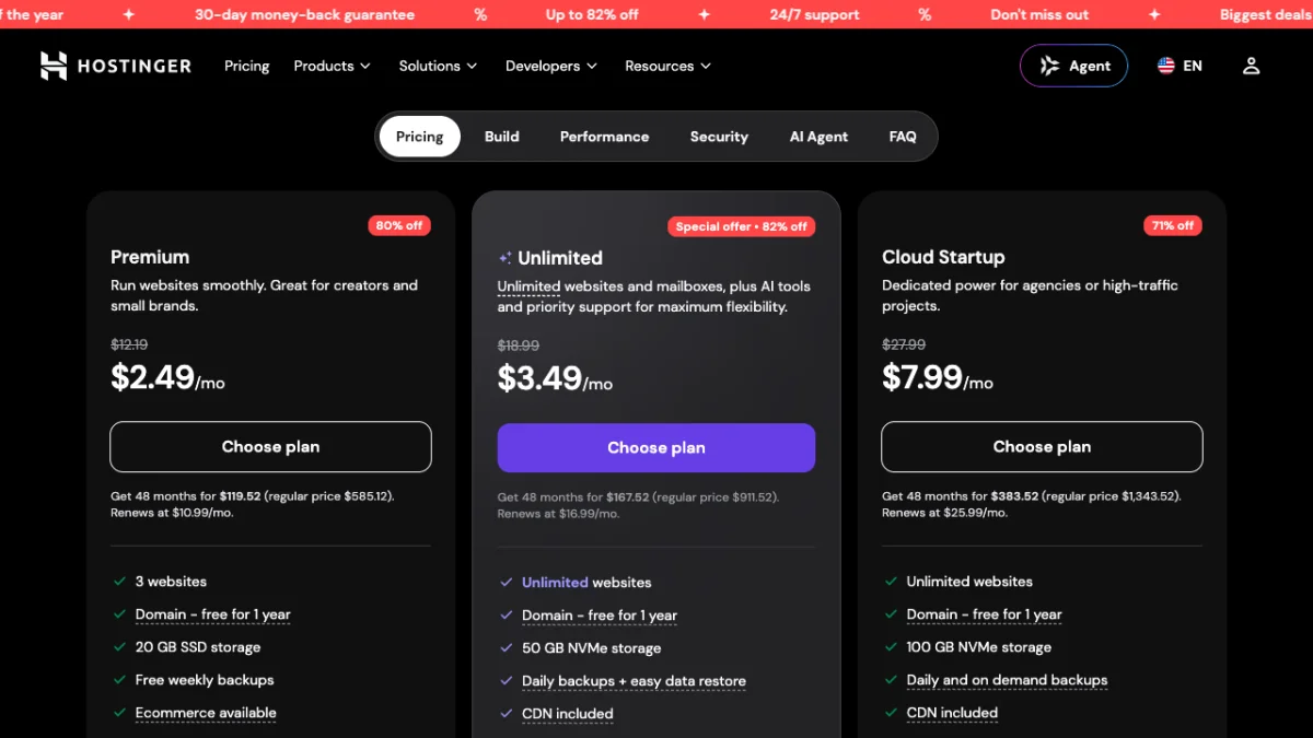 Hostinger web hosting pricing page in US dollars, checked October 2026, showing Premium at $2.49, Unlimited at $3.49 and Cloud Startup at $7.99 a month